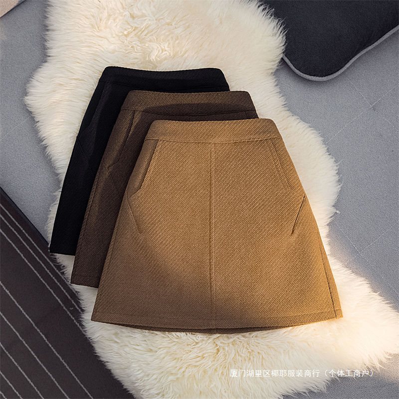 Thickened Woolen Skirt 2024 Spring & Fall New Style High-Waisted Slimming Look Flap Pocket Pants Woolen Skirt Bottoming to Prevent Exposure