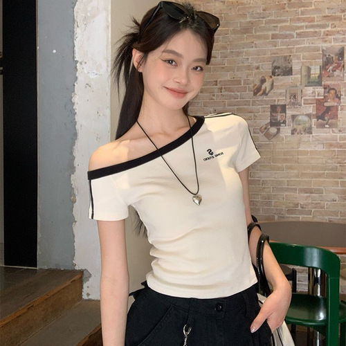 Pure Desire Sexy Sloping Shoulder Print Short Sleeve T-Shirt for Women Summer Fitting Slimming Hot Girl Short-Sleeve Top for Women