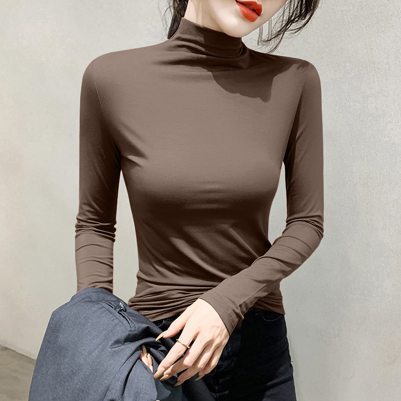 Modal turtleneck base layer top for women, spring and autumn, slim fit, long-sleeved t-shirt, mid-neck thin top