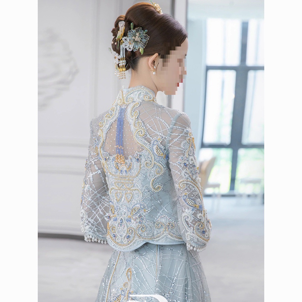 Y8H Blue Xiuhe Suit 2025 New Wedding Toast Luxury Bride Chinese Wedding Dress Slim Fit Xiuhe Suit