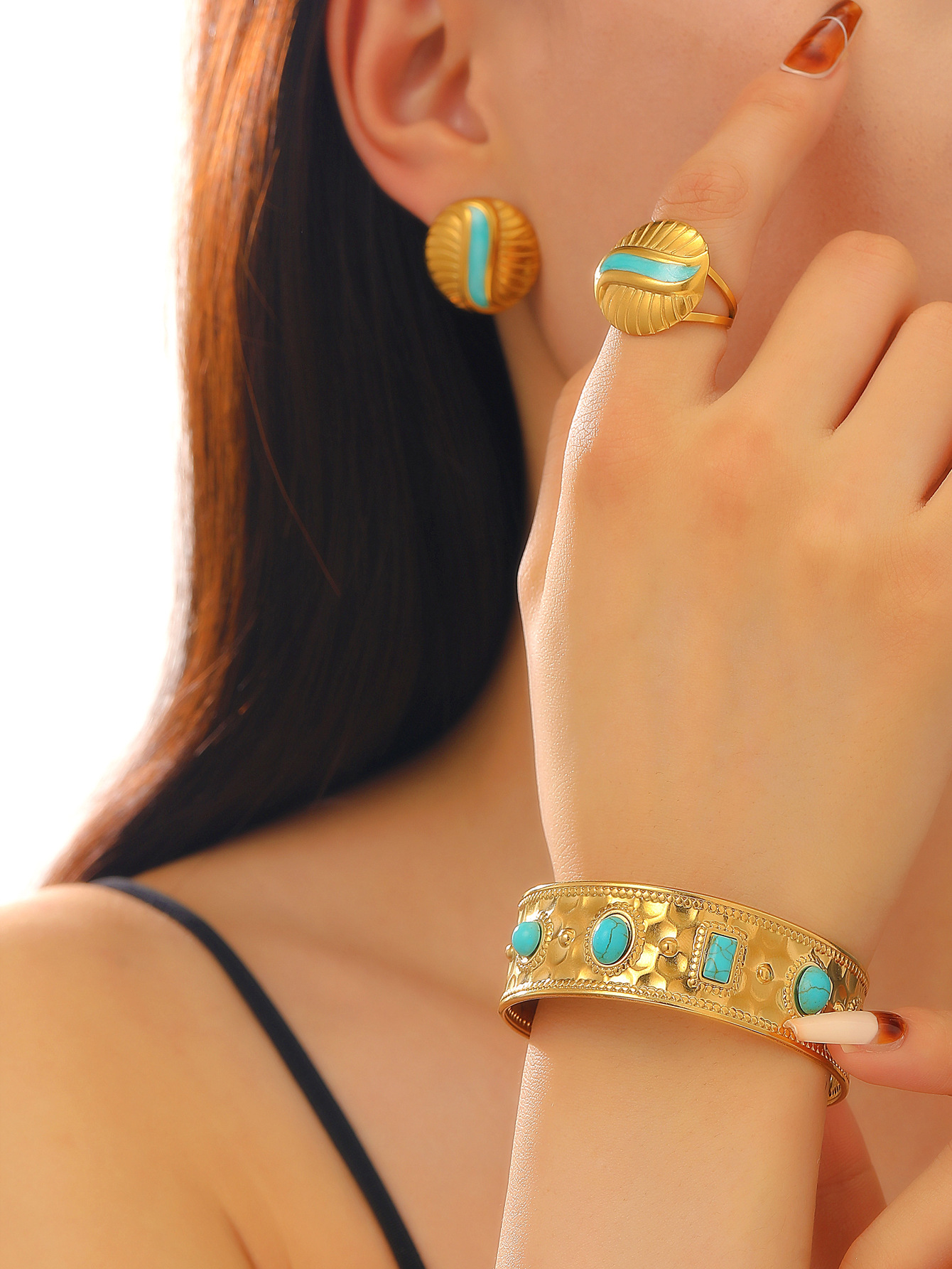Plating Design Vacuum Plating PVD Coated 18K Real Gold Plated Geometric 304 Stainless Steel Elegant Retro Rings Bracelets Bangle