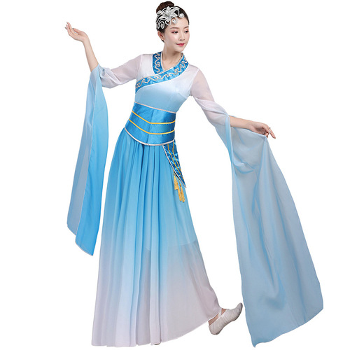 pink blue water sleeve chinese folk dance performance dress hanfu classic fairy princess dance dress for adult Jinghong dance clothing 