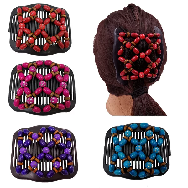 Cr95 European and American New Style Wooden Bead Hair Comb, Cross-Border Fashion Double-Row Comb, Versatile Hair Comb, Magic Hair Comb, Hair Styling Tool