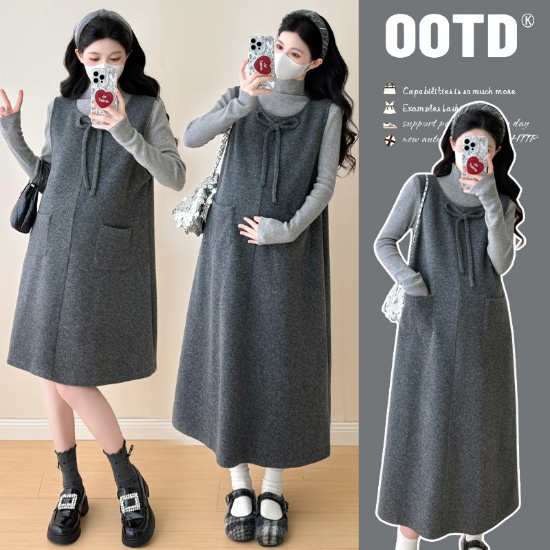 2026 Autumn and Winter New Maternity Wear Fashionable Age-Reducing Soft Top + Vest Dress Two-Piece Set Age-Reducing Maternity Outfit