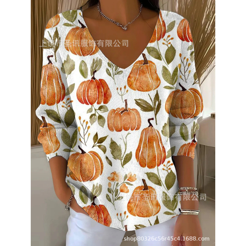 欧美跨境独立站新款3D印花女士时尚渐变色V领长袖T恤上衣|undefined