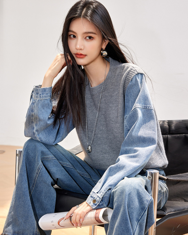 实拍◆有现货◆慵懒风灰色毛衣假两件上衣女秋冬2025新款牛仔袖拼|undefined