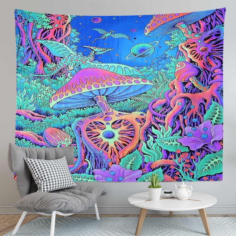 Cross-Border Hot-Selling Peach Skin Brushed Cloth Tapestry Hot-Selling Painted Mushroom Background Cloth Tapestry Hanging Cloth Sofa Underwater