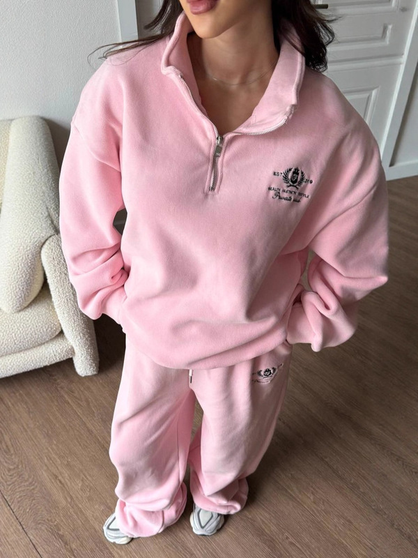 欧美粉色百搭字母刺绣套装女秋冬慵懒磨毛半拉链卫衣直筒长裤两件|undefined