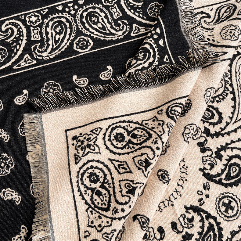 Predimenzionirani kašmirski kvadratni šal u etničkom stilu, ženski debeli šal s resicama, topli šal s cvijetom indijskih oraščića_voghion.com