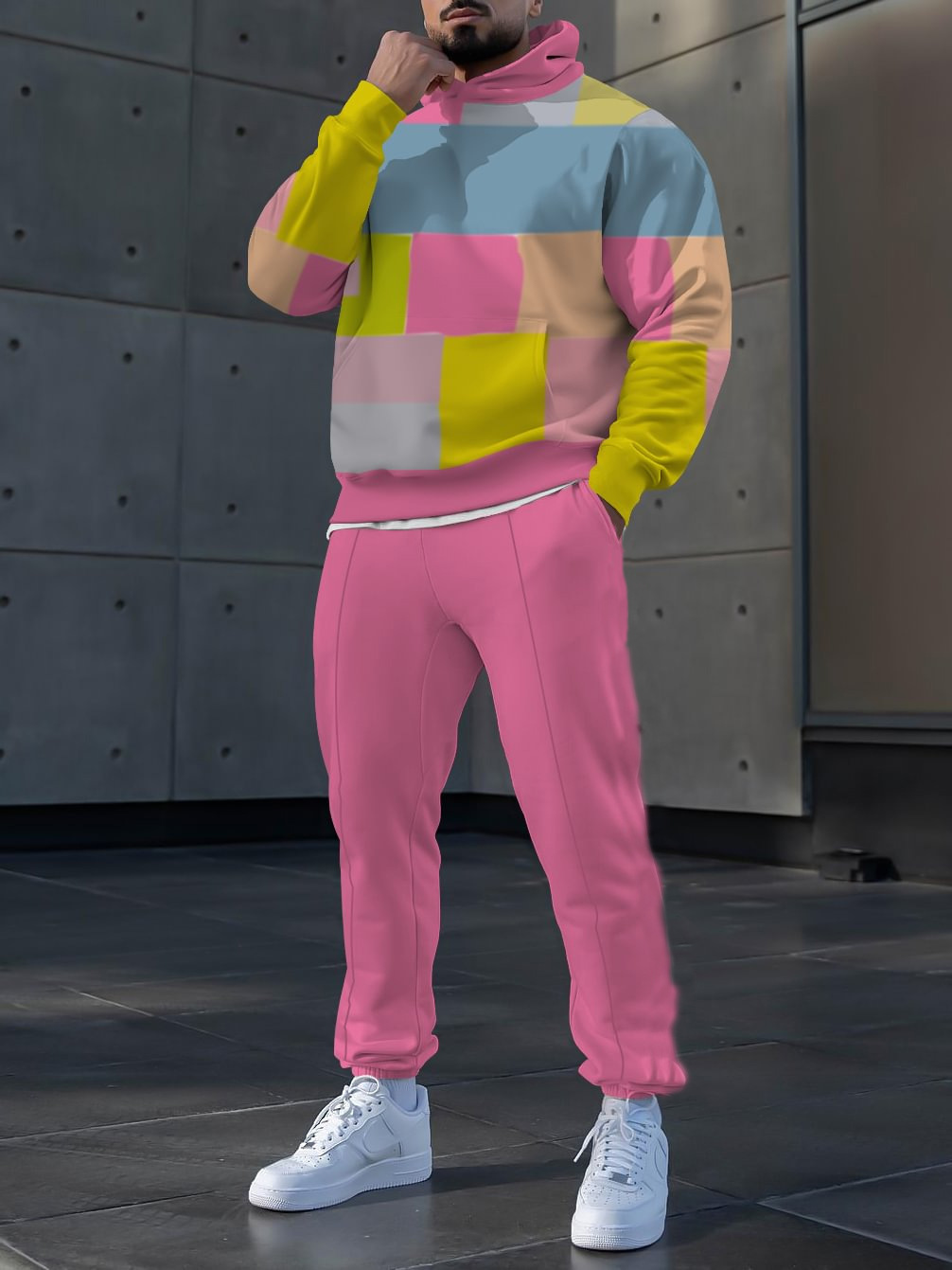 Otoño nuevo estilo de los hombres colorido color de contraste estilo de diseño estilo popular cordón suéter con capucha pantalones MC11-ML1