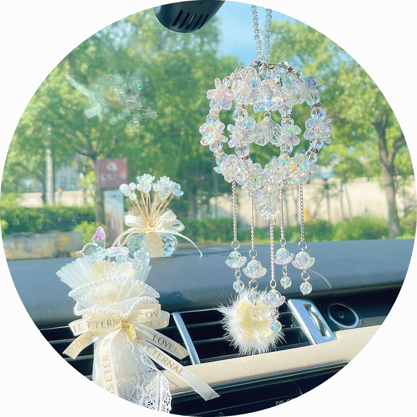 Cute Little Fish 3D Rotating Ball Car Pendant Lily of the Valley Car Decoration Hanging Ornament for Girls' Car Use