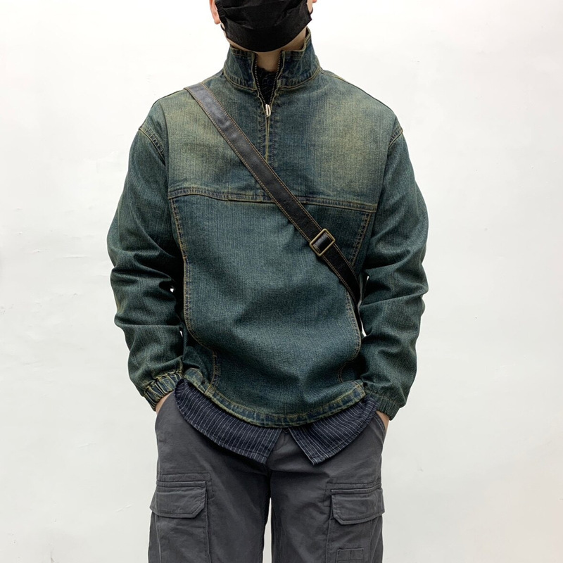 Manufacturer Wholesale Men's Denim Jacket, Washed and Distressed, Japanese Retro Style, Youth Workwear, Spring and Autumn Season, Stand Collar, Loose Fit Manufacturer Wholesale Men's Denim Jacket, Washed and Distressed, Japanese Retro Style, Youth Workwear, Spring and Autumn Season, Stand Collar, Loose Fit