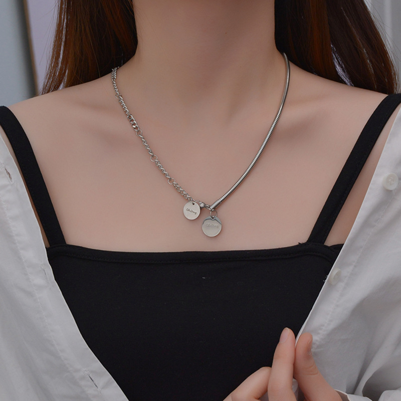 Japanese And Korean New Two Round Brand Stitching Necklace Stainless Steel Laser Letter Round Hip Hop Clavicle Chain Personality Necklace display picture 6