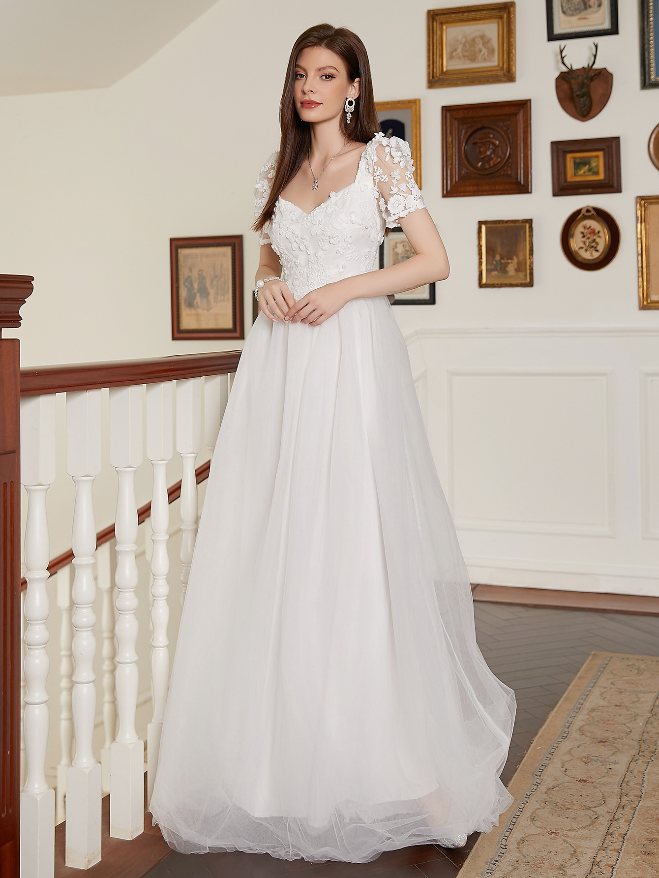 Blanco encaje empalmado vestido vestido vestido vestido largo nuevo banquete transfronterizo