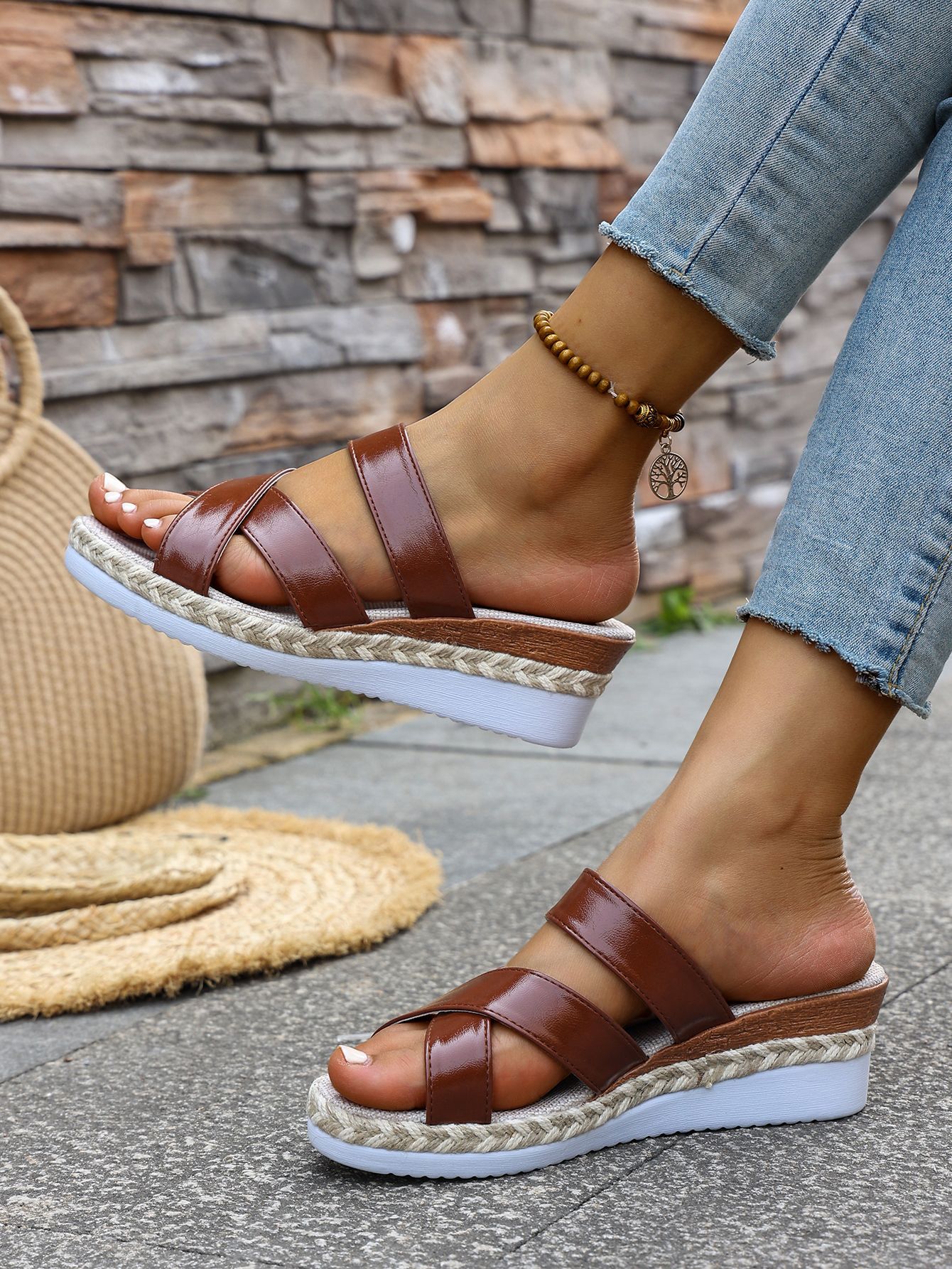 Women's Cross Strap Beach Sandals Summer Style Rope Sole Wedge Heel Size 43_vogvips.com