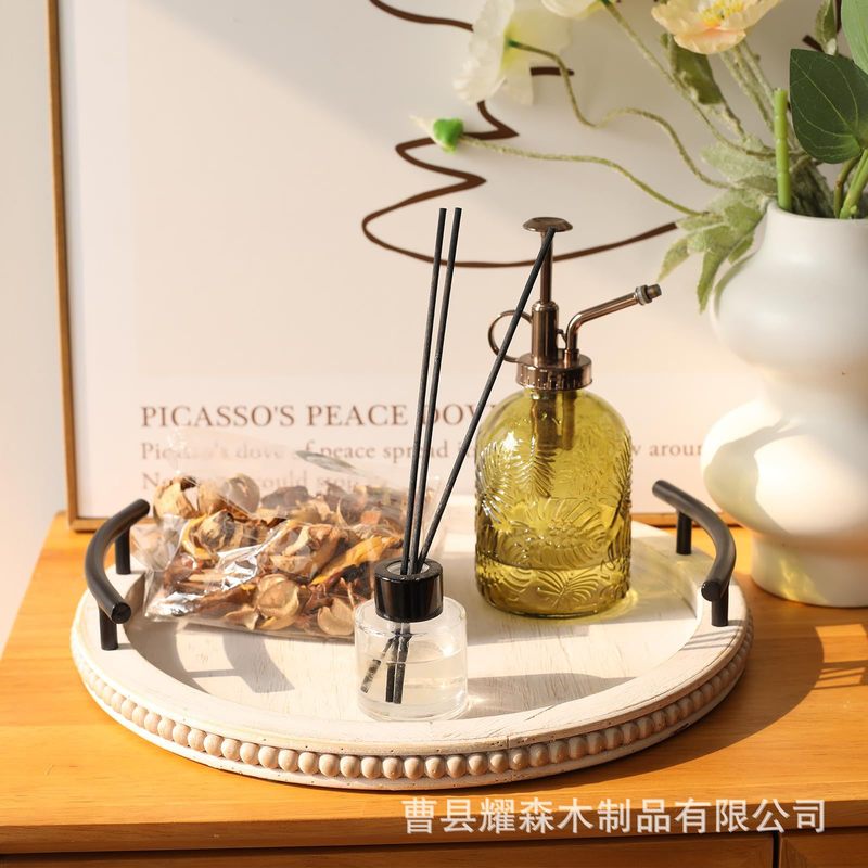 ラウンド木製パレットハンドル付円形木製ビーズ花リング装飾パレット木製トレーキッチンカウンター用木製|undefined