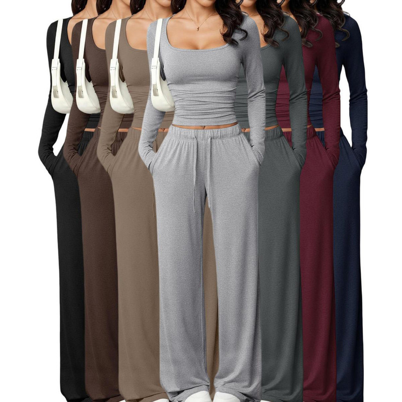 Cross-Border Amazon Autumn New Casual Pants Set Square-Neck Long-Sleeve Short Top European and American Women's Sportswear