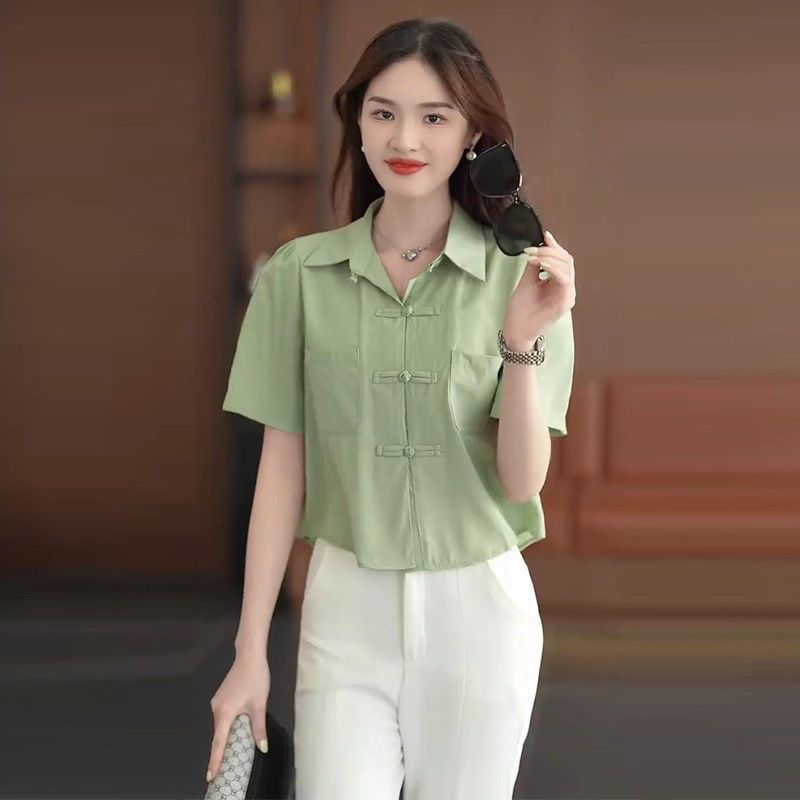 中国风夏季衬衫宽松纯色百搭衬衣气质半袖遮肚子盘扣上衣女士小衫|undefined