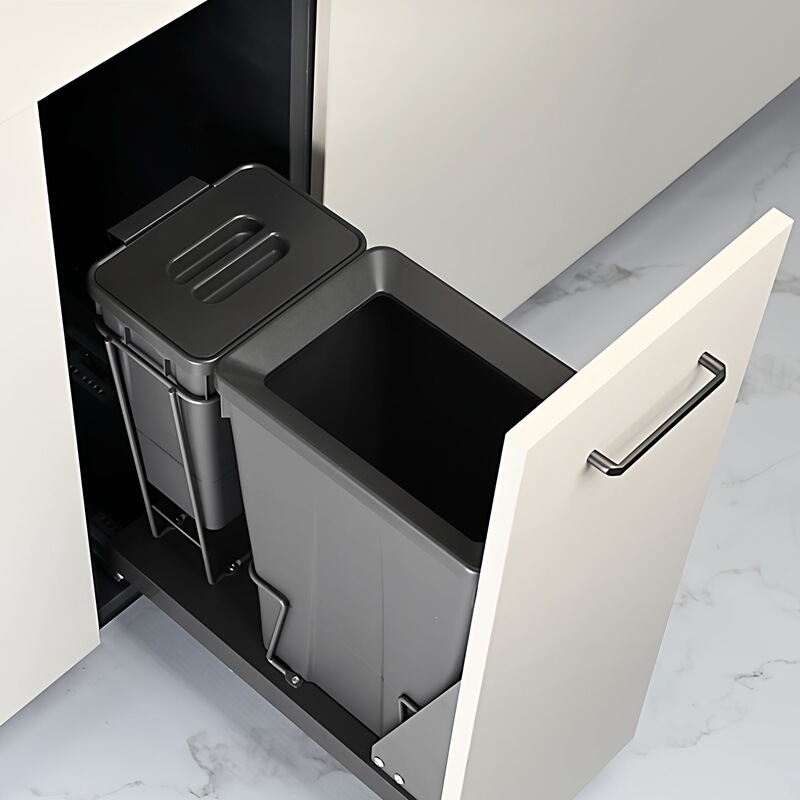 Kitchen Hidden Embedded Tall Shallow Narrow Garbage Bin with Lid, Pull-Out Sorting Cabinet with Built-In Basket Storage