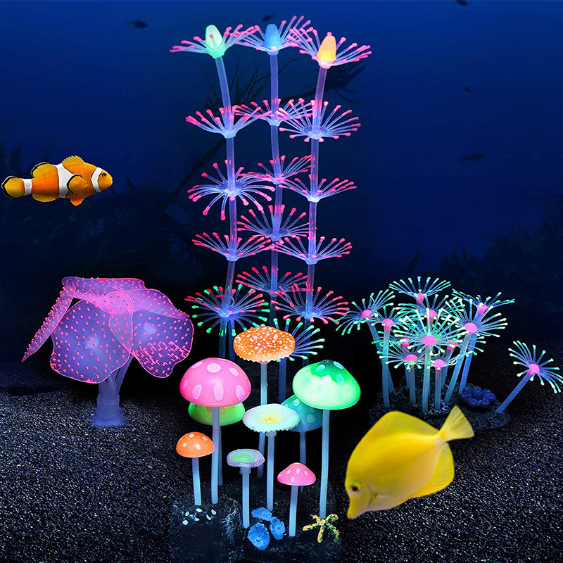 水族馆装饰珊瑚软硅胶珊瑚发光蘑菇发光珊瑚装饰鱼缸装饰4/7件套