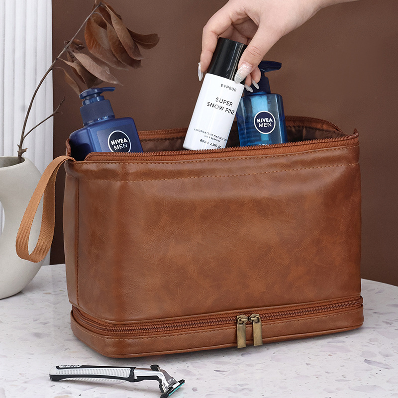 Cross-Border Pu Men's Toiletry Bag, British Style, High Aesthetic Value, Double-Layer, Large Capacity, Portable Hand-Held Cosmetics Storage Bag