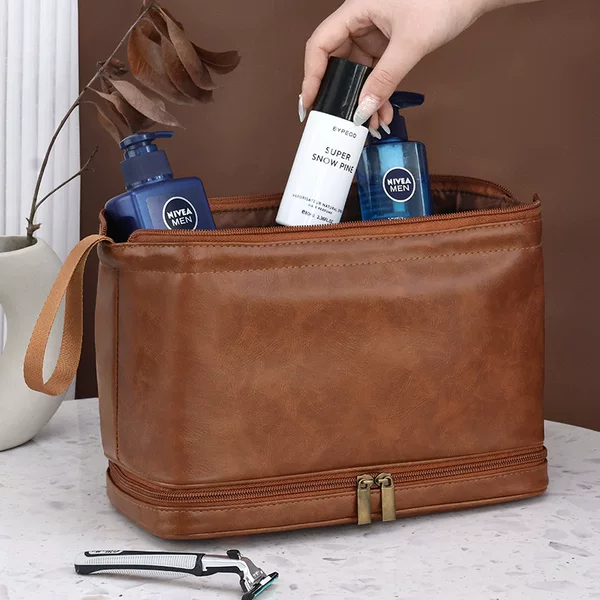 Cross-Border Pu Men's Toiletry Bag, British Style, High Aesthetic Value, Double-Layer, Large Capacity, Portable Hand-Held Cosmetics Storage Bag
