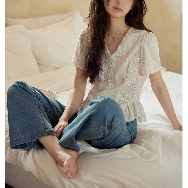 Soljghter French Linen Stripesd V-Neck Short-Sleeved Shirt Women's Summer 2025 New Waist Shirt Top