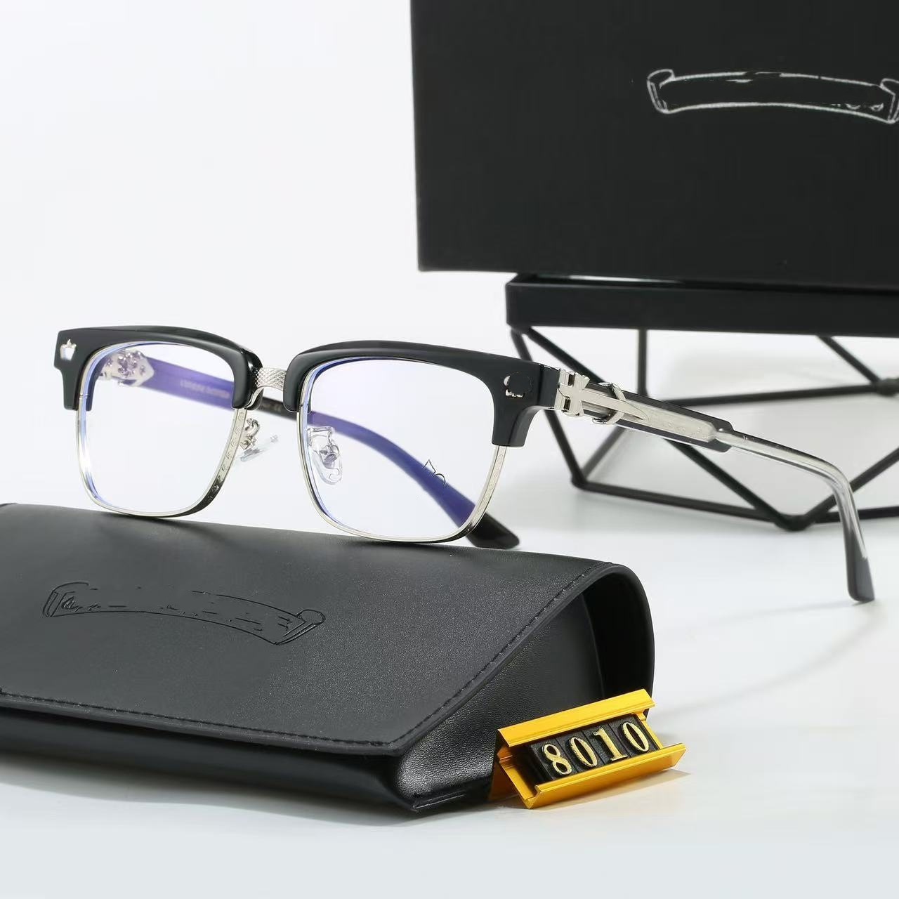 Chrome Hearts Square-Frame Acetate Metal Eyeglasses Black Silver (8010)