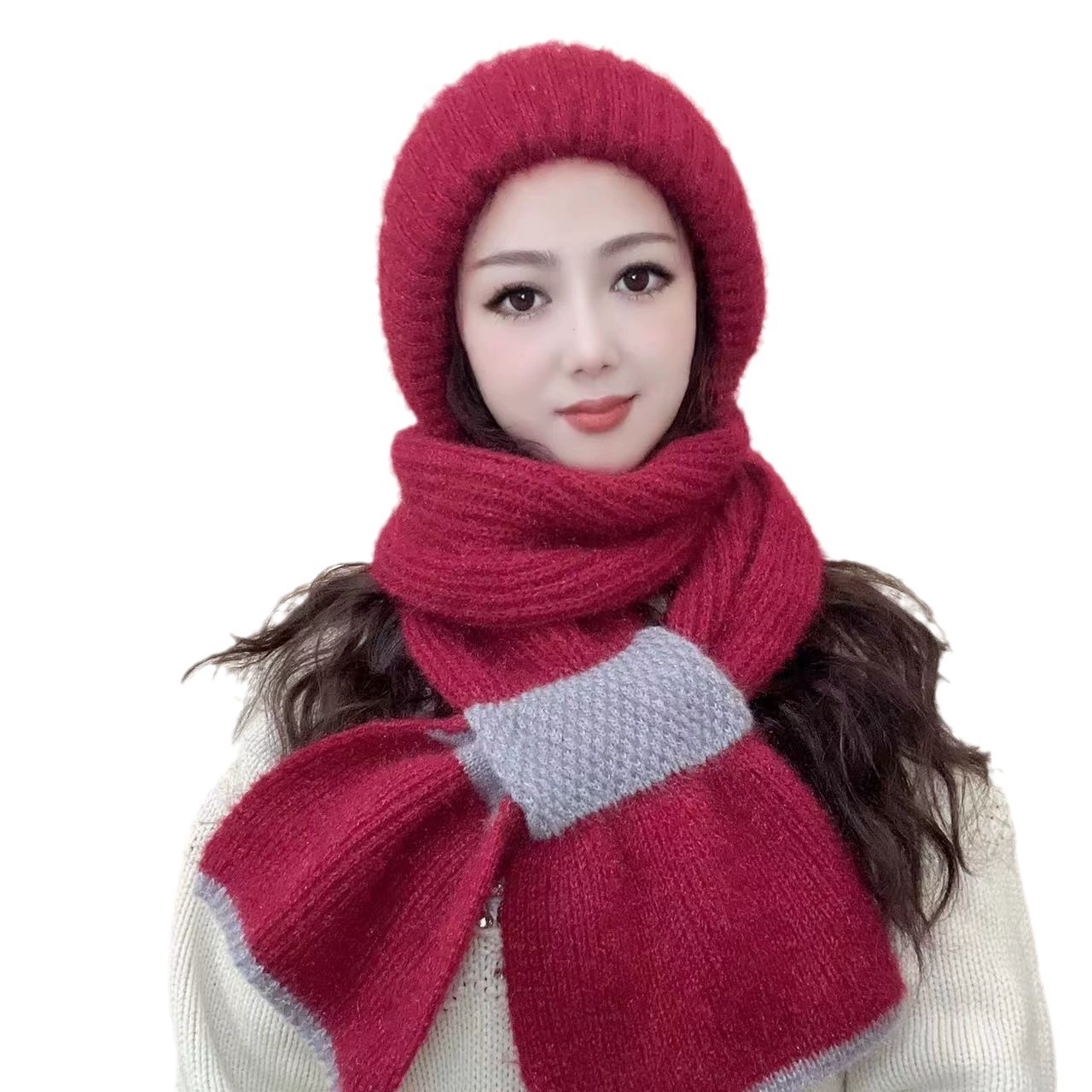 К knitted universal scarf with hood, woolen knitted hat