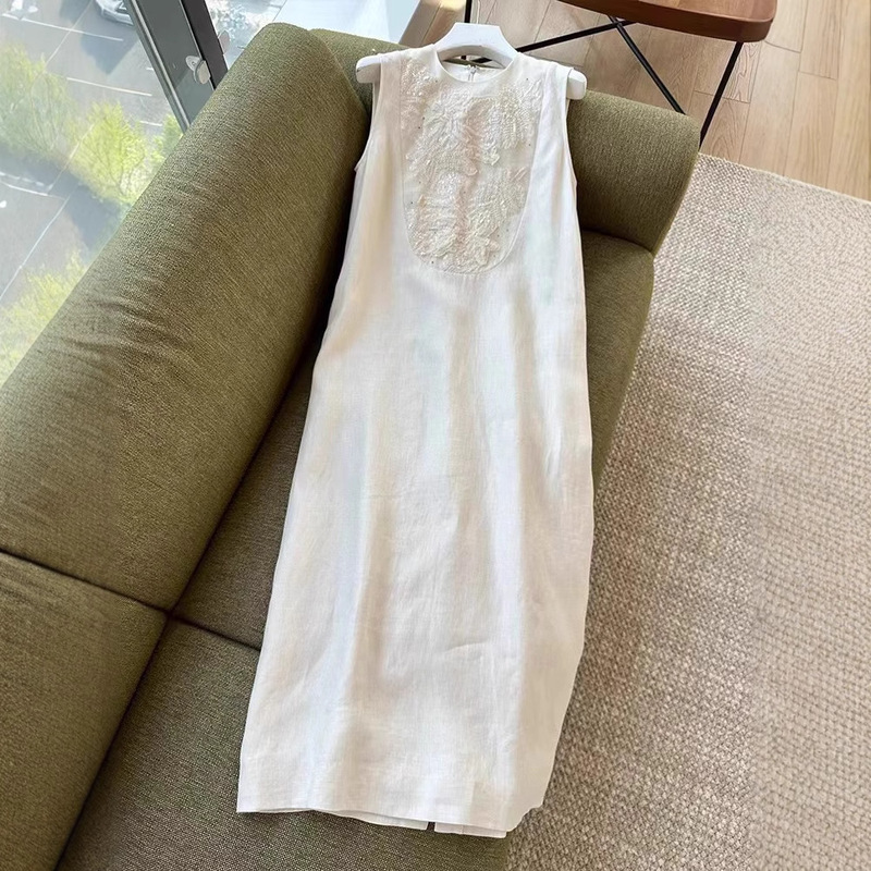 In-Stock White Summer Lilac French Resort Style High-End Tank Dress with Heavy Embroidery and Beading, Linen Sleeveless Dress