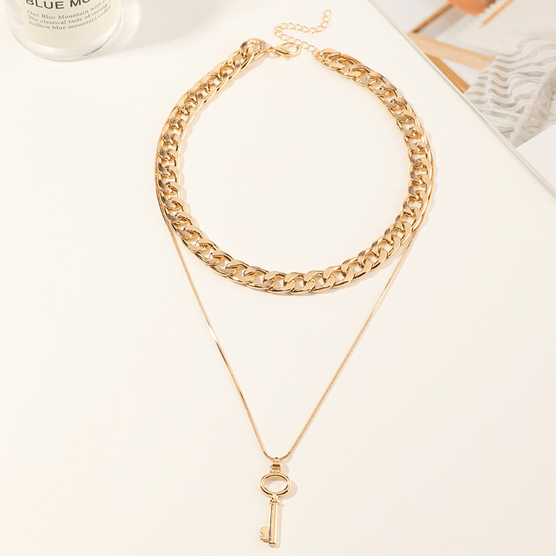 hip hop thick chain metal key double-layer necklace