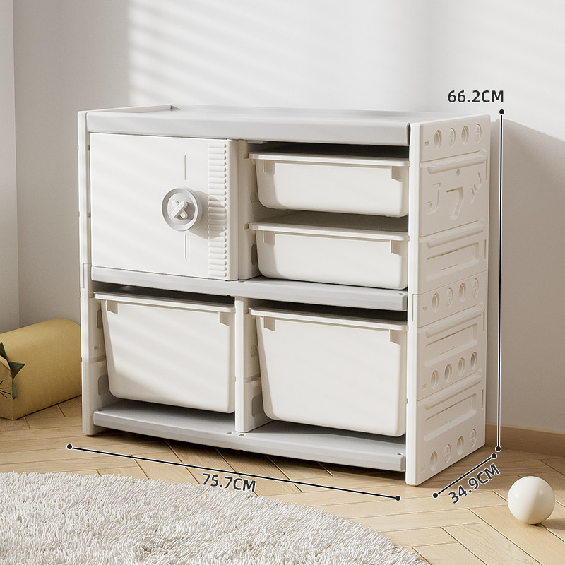 Juego de muebles infantiles de plástico con un armario de almacenamiento tipo cajonera de gran capacidad y varias capas para juguetes, para colocar contra la pared en la sala de estar.