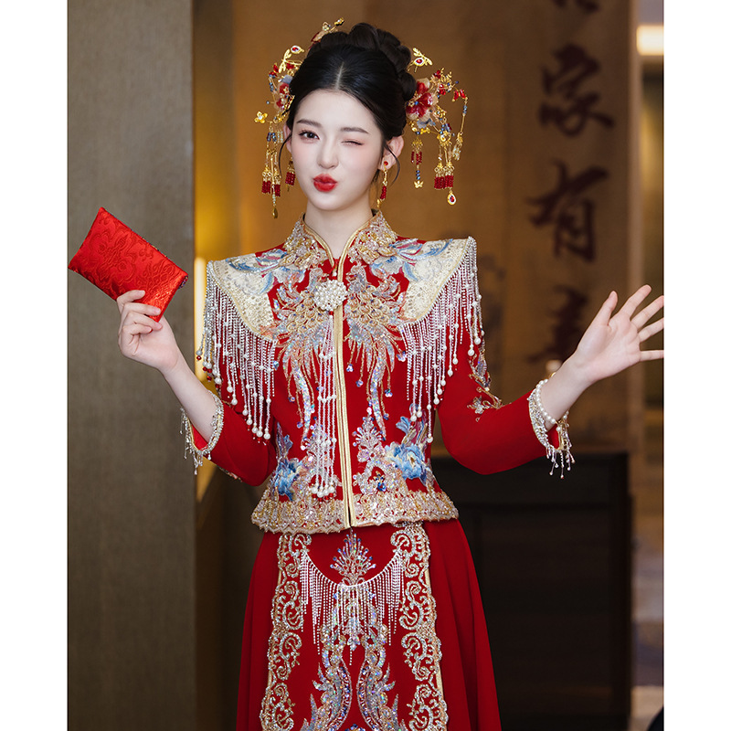 2026 New Style Chinese Wedding Dress, Bridal Gown, Plus Size Wedding Dress, High-End Phoenix Crown and Red Robe