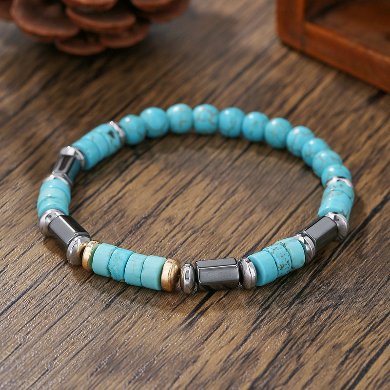 Vacation Style Men's Irregular Wooden Bead Turquoise Beaded Bracelet Geometric Patchwork Elastic Bracelet Hip-Hop Bracelet
