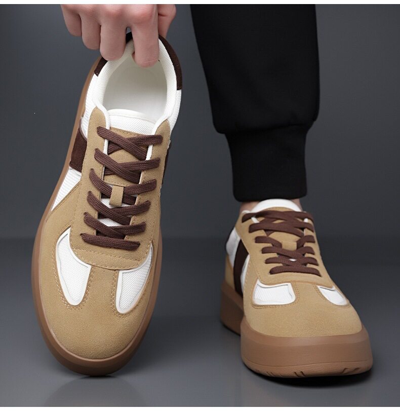 Giày sneaker nam cổ thấp phối màu, mũi tròn, đế cao su, thoáng khí, dây buộc — Màu lạc đà, Màu trắng chi tiết 16
