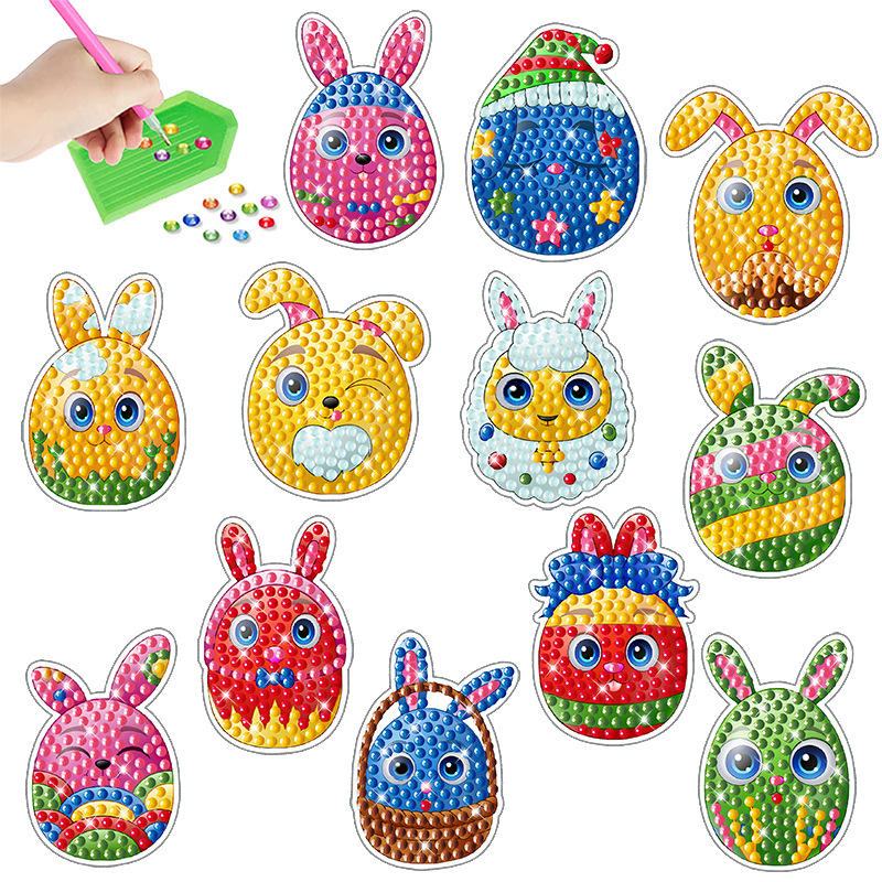 Venta caliente de dibujos animados huevo animal diamante pintura gratis pegatinas DIY Pegatinas de pared de ladrillo niños hecho a mano pegatinas diamante redondo