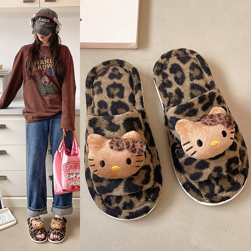 Мультяшный мяу леопардовый узор перетаскивания противоскользящая ажурная сетка красная плюшевая повседневная домашняя двусторонняя тапочка для женщин