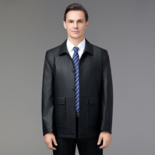 2025年海宁真皮皮衣男士中年翻领单排扣上衣加棉绵羊皮夹克爸爸装