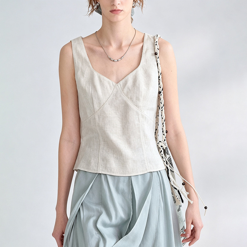 [Limited Time Offer] Elegant Pure Linen Vest V-Neck Lace Trim Sleeveless Top for Women Summer Linen Blouse