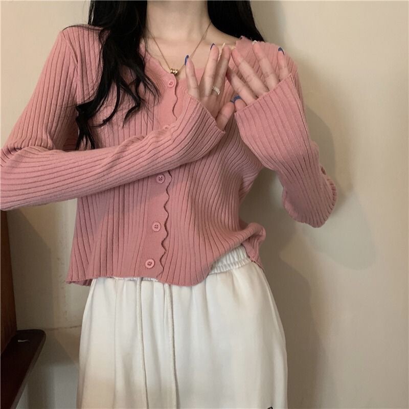 温柔风薄款V领长袖针织开衫女春秋新款外搭花边毛衣外套短款上衣|undefined