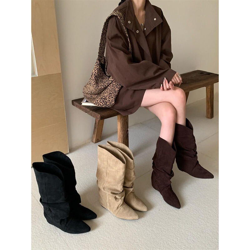 Elegant Pleated High Boots, Suede Slouch Boots, Women's Trendy Street Boots, New Pointed Toe Long Boots Elegant Pleated High Boots, Suede Slouch Boots, Women's Trendy Street Boots, New Pointed Toe Long Boots