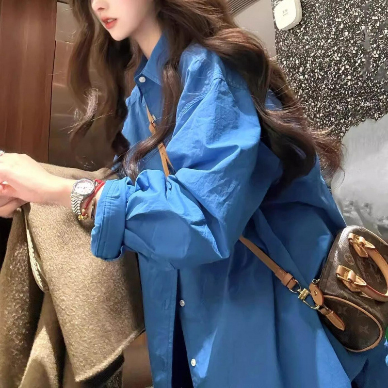 克莱因蓝色长袖衬衫外套女2026早秋新款韩系衬衣超好看设计感上衣