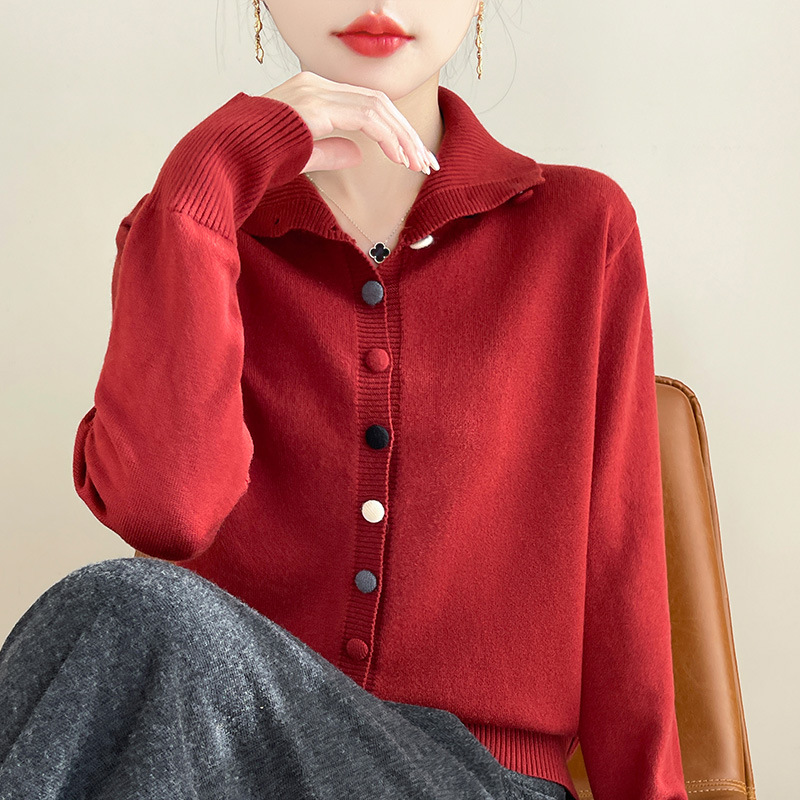 니트 카디건 스탠드 칼라 컬러 버클 겨울 코트베이스 셔츠 여성 패션 서양식 연령 감소 가을 코트 스웨터 여성 한국어