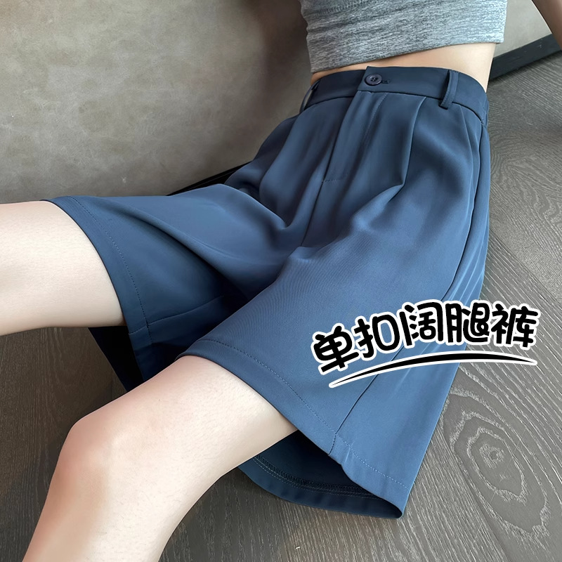여성용 정장 쉬폰 반바지 여름 얇은 얼음 실크 2025 새로운 캐주얼 스트레이트 와이드 레그 미드 팬츠 루즈 5부 팬츠