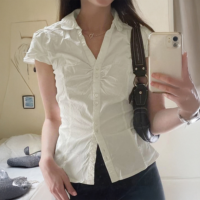 Kaikuo Cross-Border 2026 Spring/Summer French-Style Pleated Patchwork Turn-Down Collar Short Sleeve Shirt Versatile Waist-Cinching Slimming College Style Top