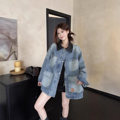 复古水洗工装长袖拼接翻领牛仔外套女2025秋季新款宽松夹克开衫潮