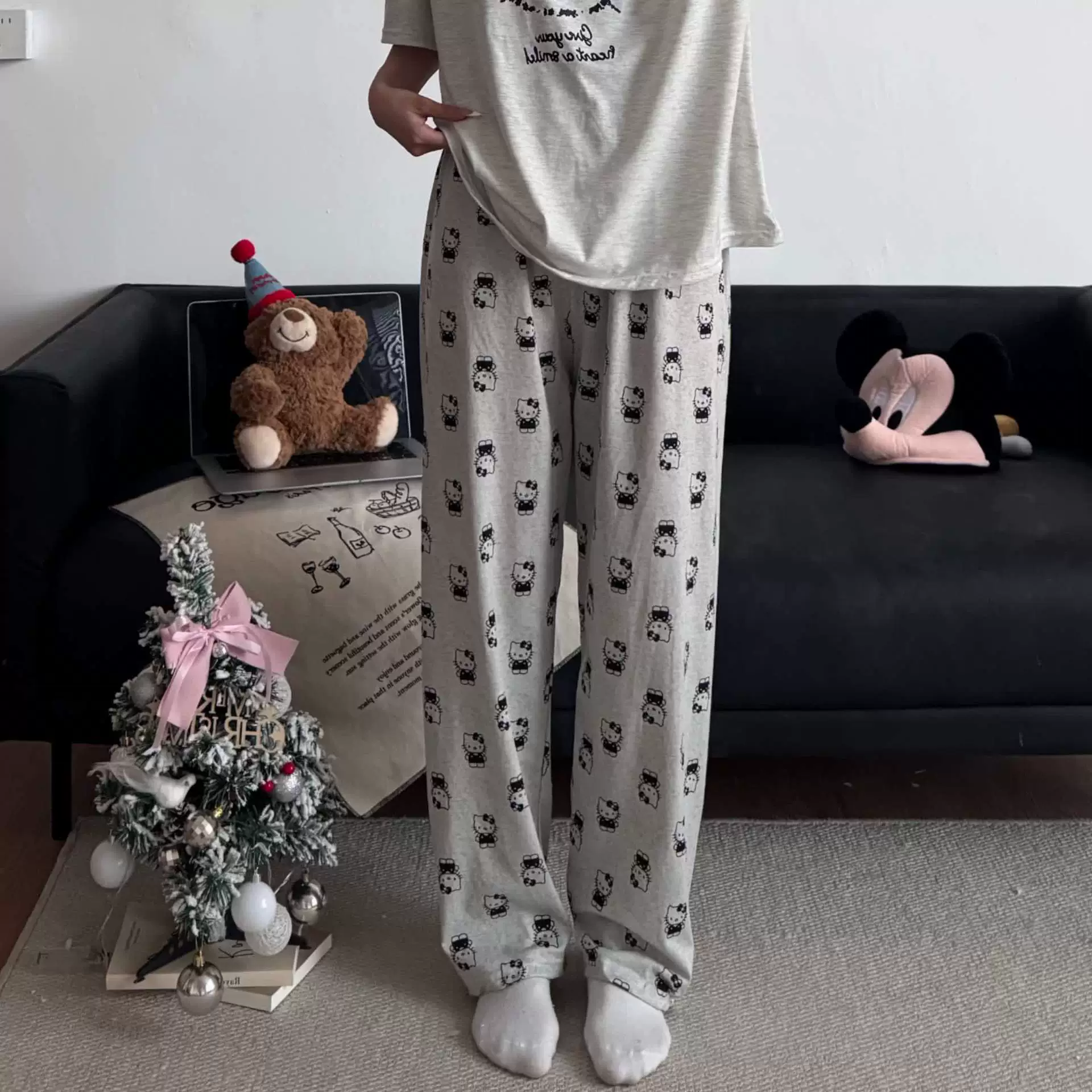 Hello Kitty, мультяшные осенние штаны, оверсайз, высокая талия, свободный прямой крой