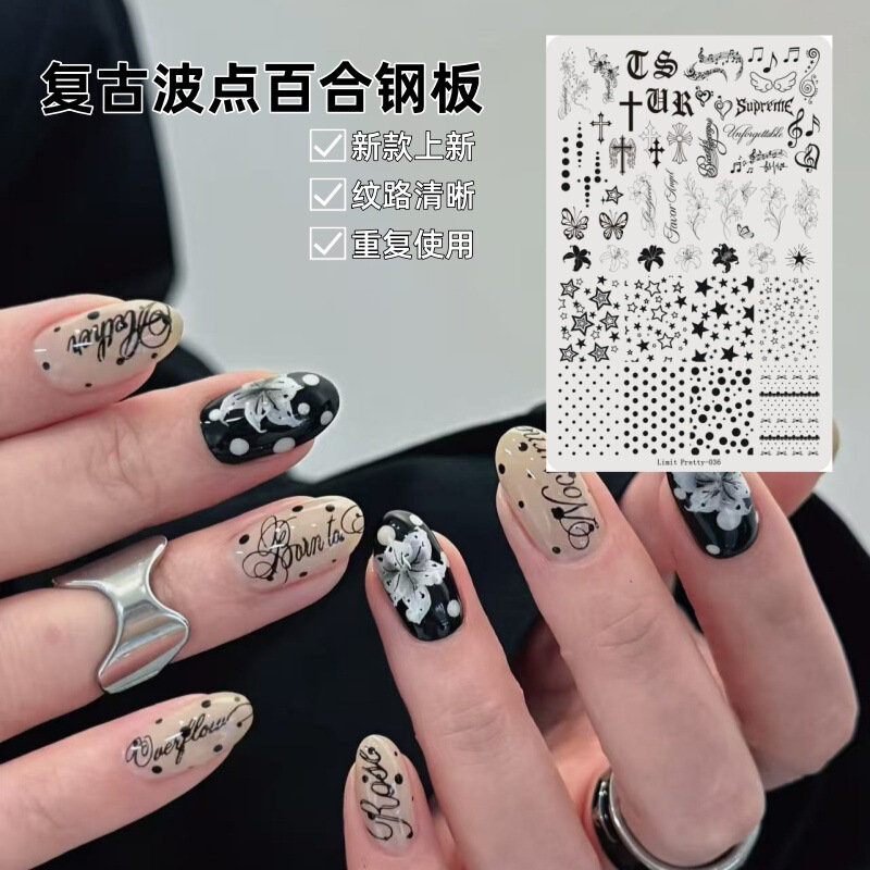 New vintage polka dot lily nail art stamping plate, ancient musical note series, gothic cross hand-painted stamping plate