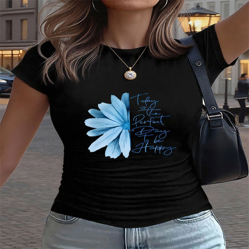 Women's Summer Vintage Y2K Pattern Print T-Shirt, Slim Fit Cropped Tee For Casual Streetwear_ecoleips.com