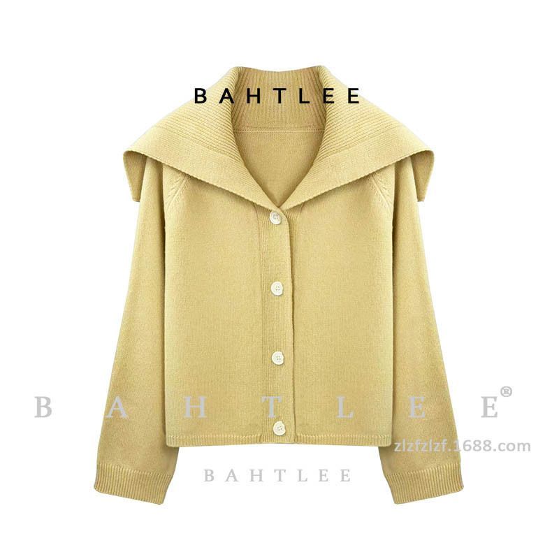 26 Early Spring Basulan Wool Coffee Color Stylish Navy Collar Loose Sweater Knitted Cardigan Short Jacket